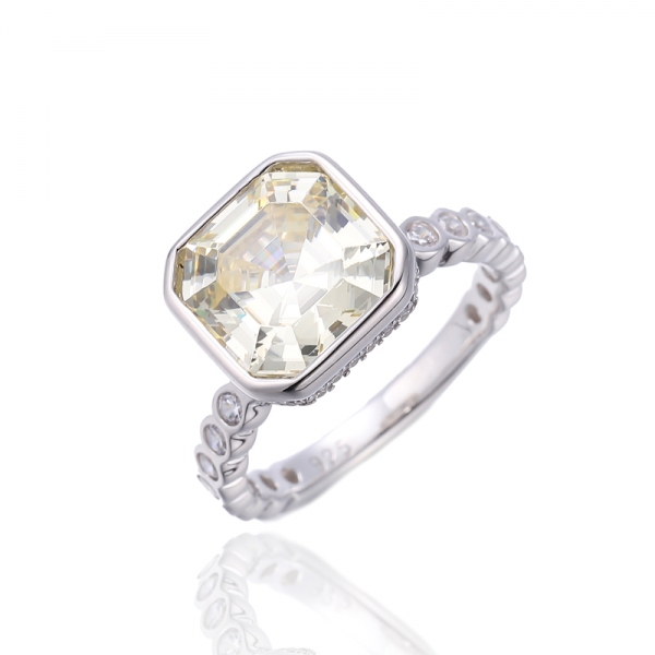 Bague Asscher en argent rhodié et zircon cubique blanc rond canari 