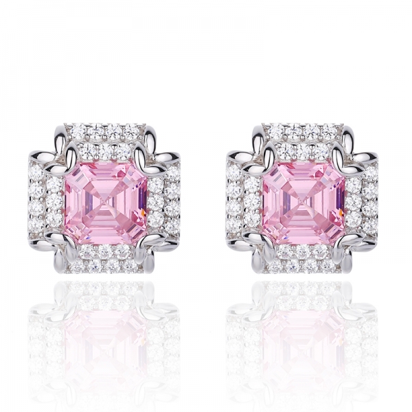 Asscher Pink And Round White Cubic Zircon Rhodium Silver Earring 