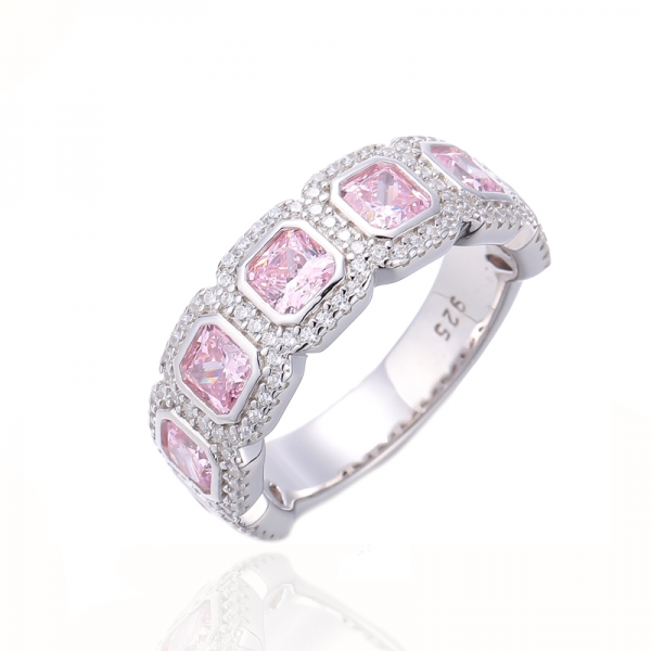 Bague Octogone Diamant Rose Et Rond Blanc Zircon Cubique Rhodié Argent 