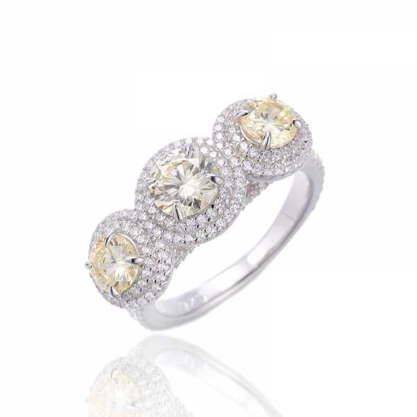 Bague en argent rhodié avec diamant rond et zircon cubique jaune et blanc 