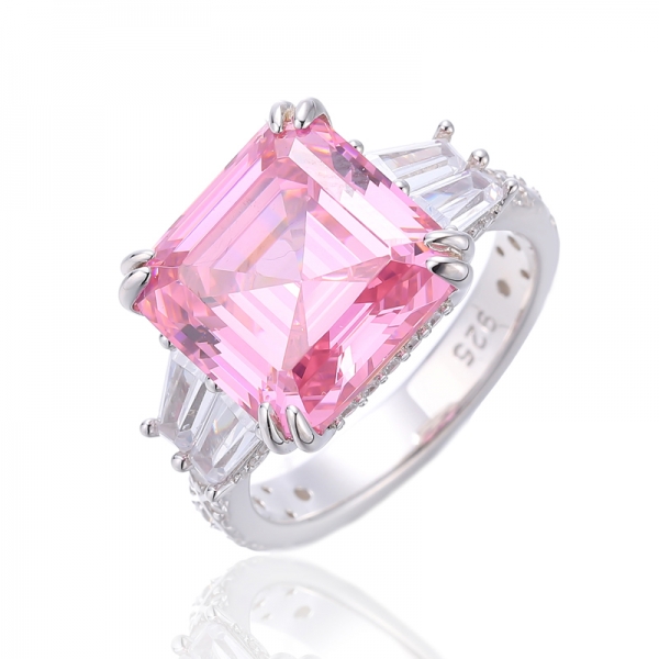 Bague Asscher en argent rhodié et zircon cubique rose et blanc 