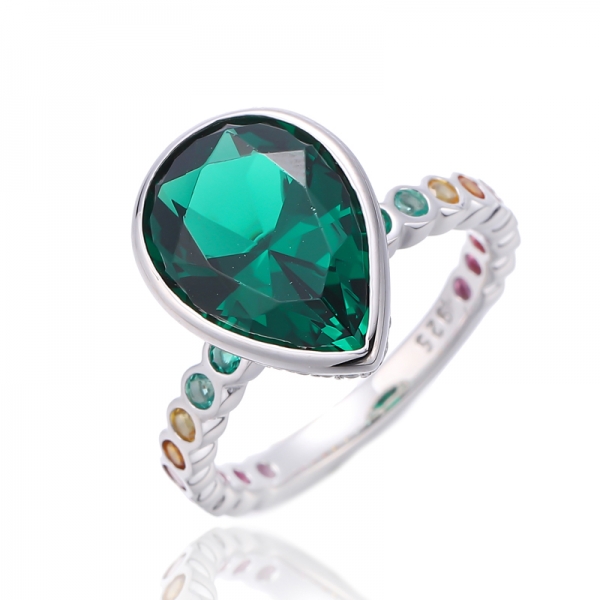 Nano vert en forme de poire et bague ronde en argent rhodié avec Zircon cubique de couleur arc-en-ciel 