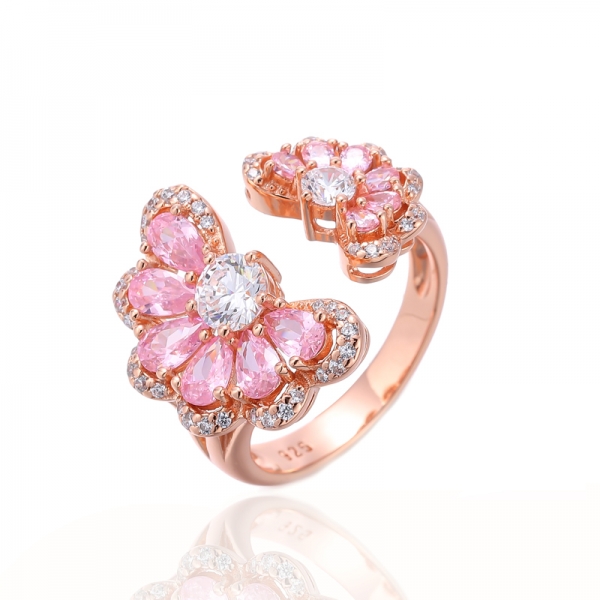 Anneau ouvert en argent de Zircon cubique blanc rose et rond en forme de poire avec placage Rose Glod 