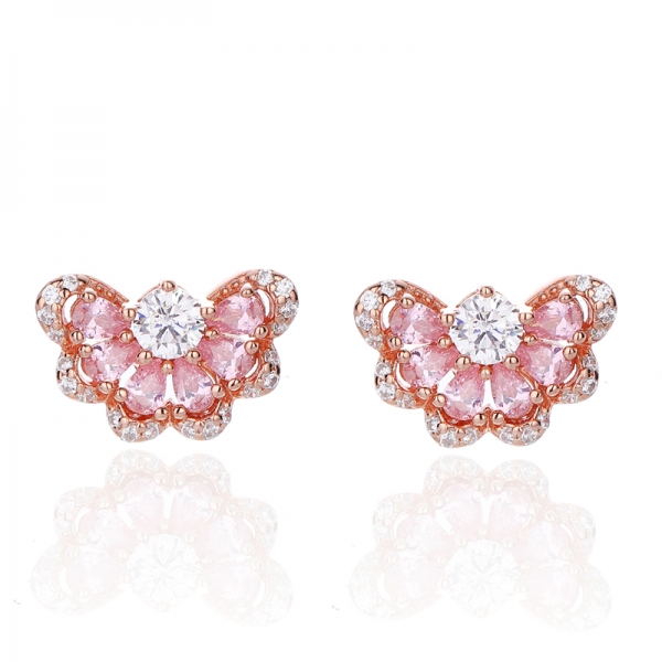 Boucle d'oreille en argent avec Zircon cubique blanc rose et rond en forme de poire 925 avec placage Rose Glod 