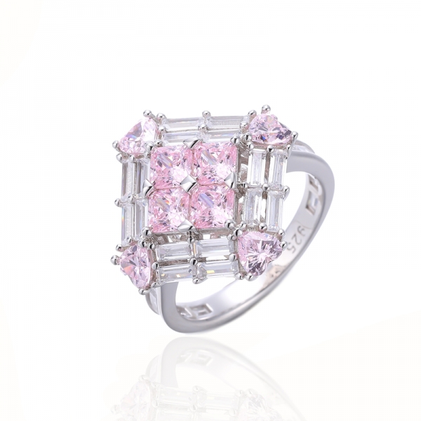 Bague Octogone Diamant Rose Et Baguette Blanc Zircon Cubique Rhodié Argent 