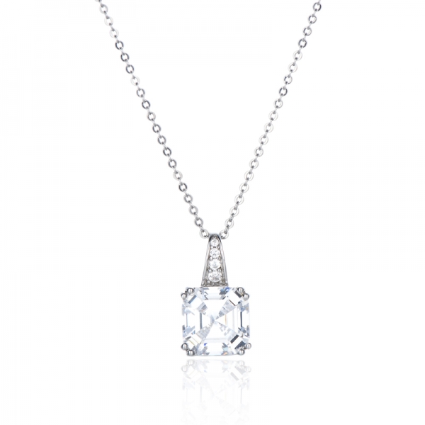 925 Asscher And Round White Cubic Zircon Rhodium Silver Pendant 