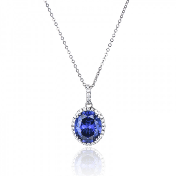 Pendentif en argent rhodié avec tanzanite de forme ovale et zircon cubique blanc rond 