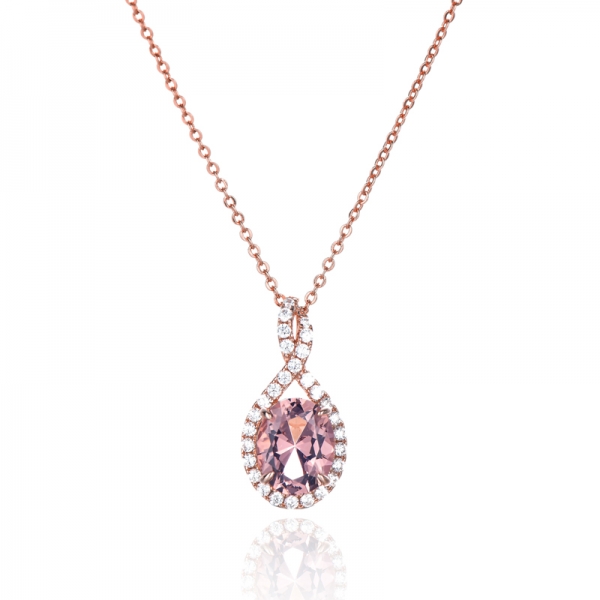 Pendentif en morganite nano de forme ovale et zircon cubique blanc rond en argent avec placage en or rose 