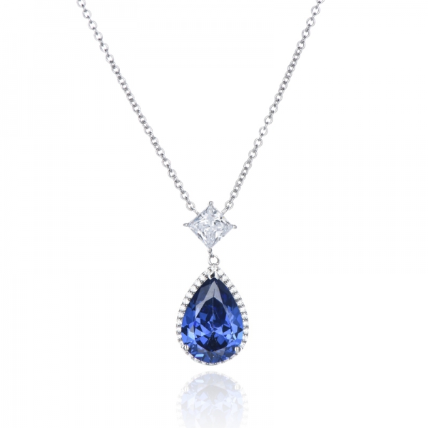 Pendentif en argent rhodié en tanzanite et zircon cubique blanc en forme de poire 