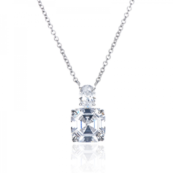 Pendentif Asscher et forme ovale en argent rhodié et zircon cubique blanc 