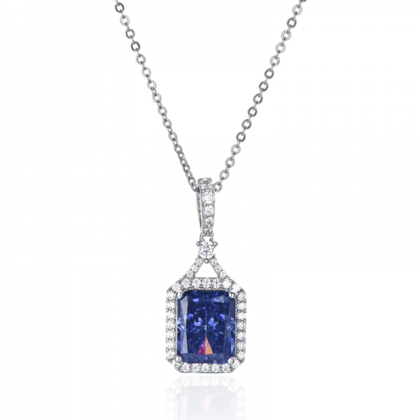 Pendentif Octogone Tanzanite Et Zircon Cubique Blanc Rond Argent Rhodié 