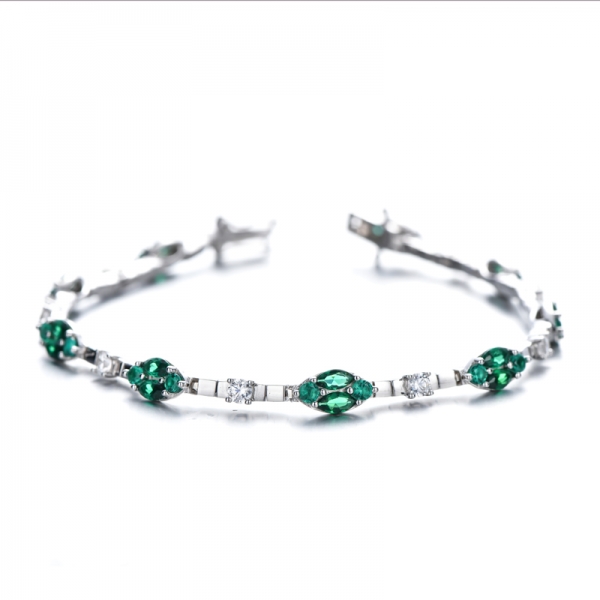 Bracelet Nano Vert Forme Marquise Et Zircon Cubique Blanc Rond Argent Rhodié 