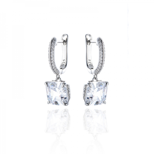 Boucle d'oreille Asscher et ronde en argent rhodié et zircon cubique blanc 