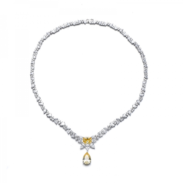 Collier Octogone Diamant Jaune Et Blanc Zircon Cubique Rhodié Argent 