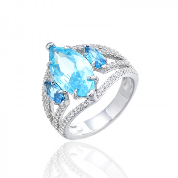 Bague Marquise Aqua Et Zircon Cubique Blanc Rond Argent Rhodié 