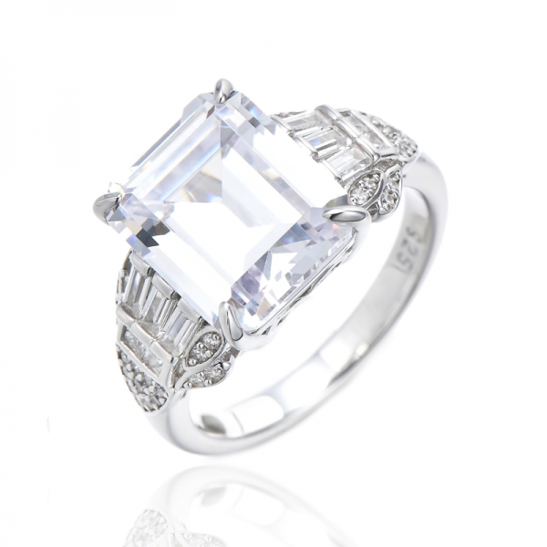 Bague en argent rhodié avec tanzanite taille émeraude et zircon cubique blanc 925 