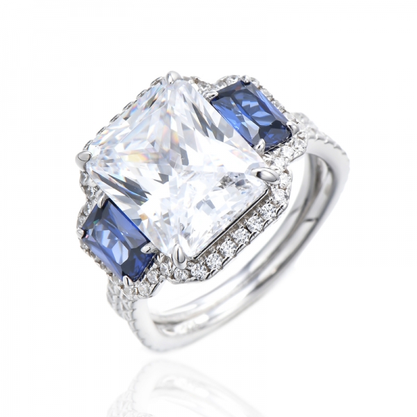 Bague octogonale en argent rhodié avec tanzanite et zircon cubique blanc 