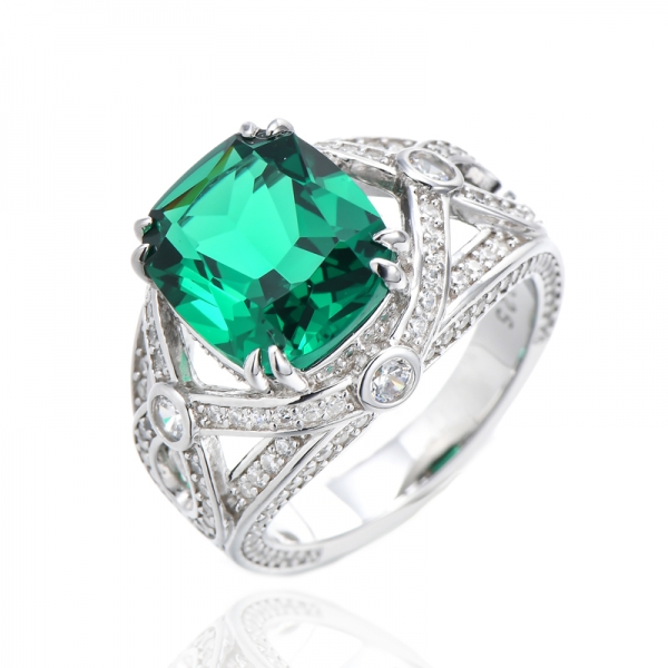 Bague Coussin Nano Vert Et Ruond Blanc Zircon Cubique Rhodié Argent 