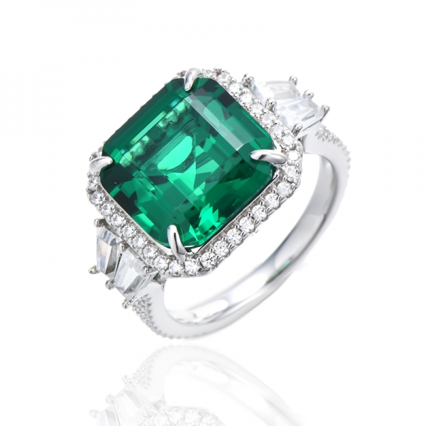 Asscher Bague en argent rhodié avec nano vert et zircon cubique blanc 