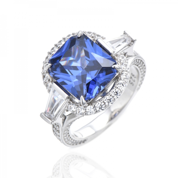 Bague octogonale en argent rhodié avec tanzanite et zircon cubique blanc 925 