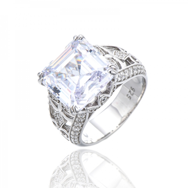 Bague Asscher en argent rhodié et canari avec zircon cubique blanc rond 