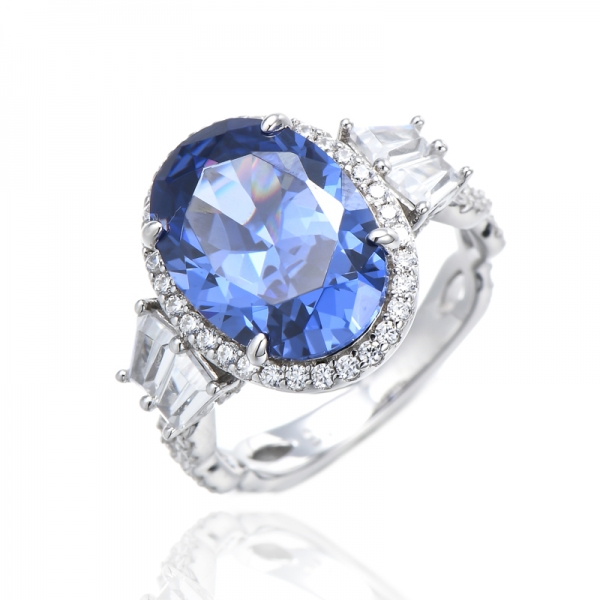 Bague en argent rhodié avec tanzanite de forme ovale et zircon cubique blanc 925 