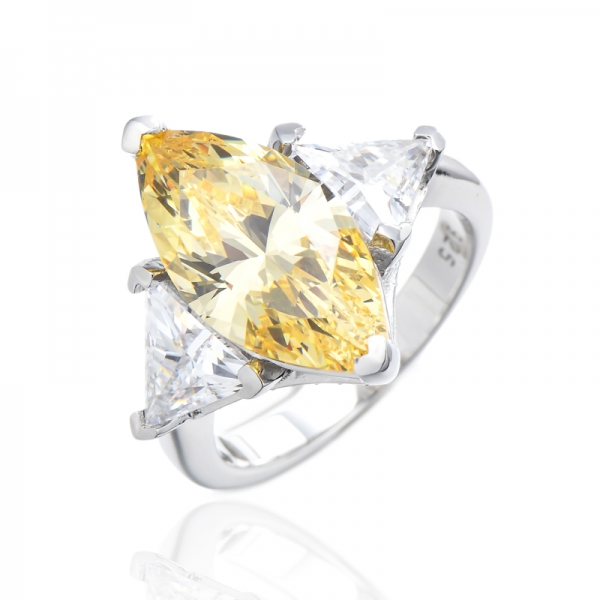 Bague Marquise Diamant Jaune Et Blanc Zircon Cubique Rhodié Argent 