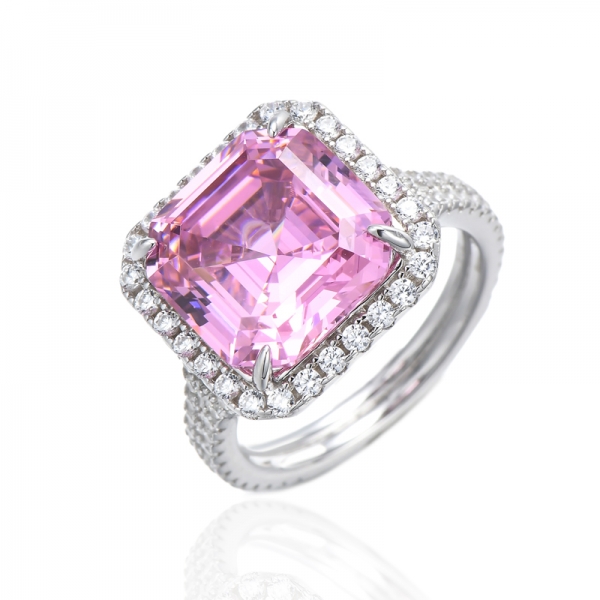 Bague Asscher en argent rhodié avec zircon cubique blanc rose et rond 