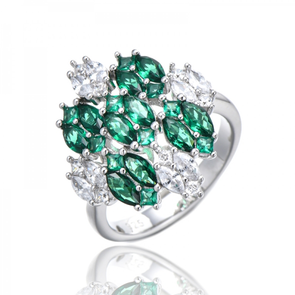 Bague En Argent Rhodié Nano Vert Marquise Et Zircon Cubique Blanc 