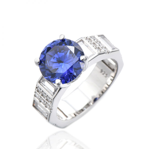 Bague ronde en argent rhodié avec tanzanite et zircon cubique blanc 