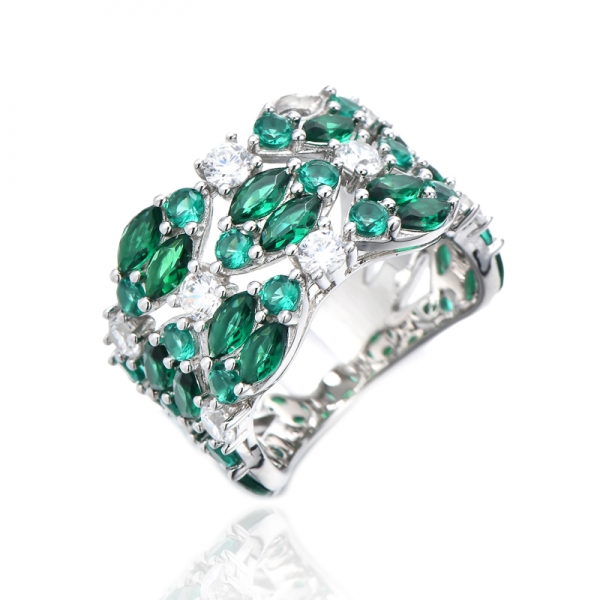 Bague en argent rhodié avec nano vert marquise et zircon cubique blanc rond 