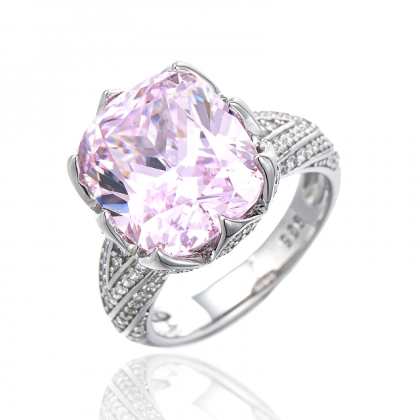 Bague Coussin Diamant Rose Et Rond Blanc Zircon Cubique Rhodié Argent 