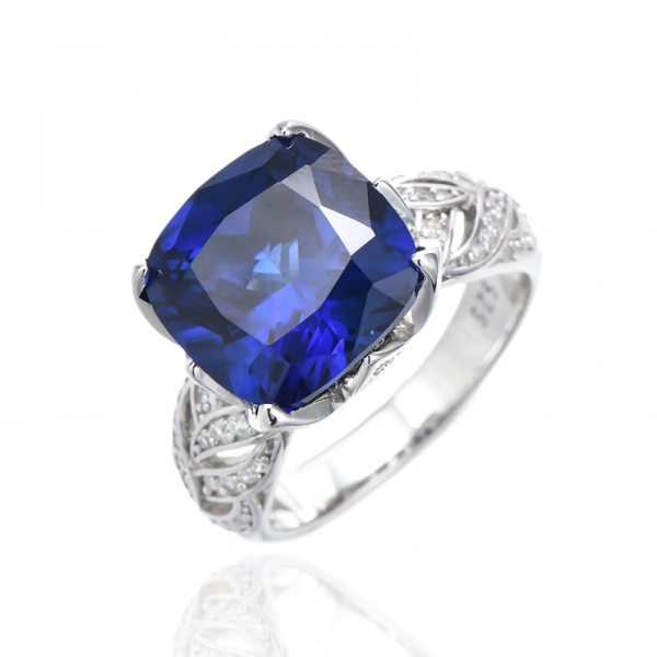 Bague Coussin Tanzanite Et Zircon Cubique Blanc Rond Argent Rhodié 