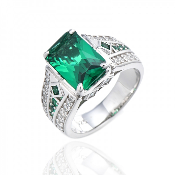 Bague octogonale en argent rhodié avec nano vert et zircon cubique blanc 