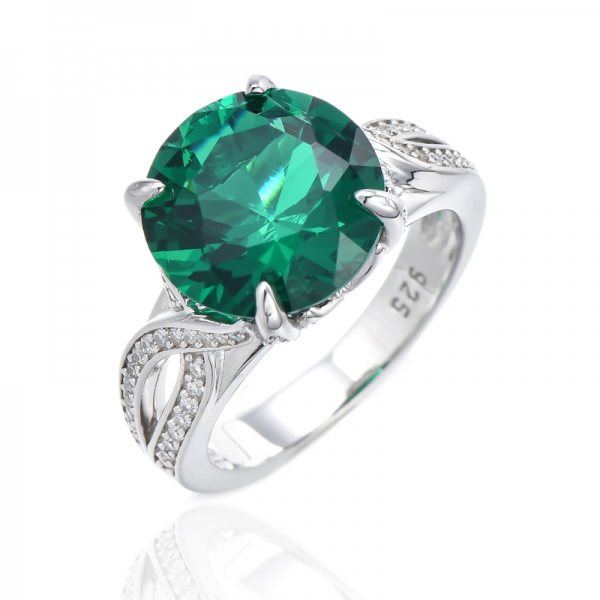 Bague Ronde En Argent Rhodié Nano Vert Et Zircon Cubique Blanc 