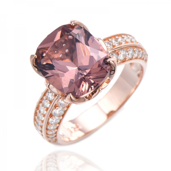 Bague en argent morganite coussin nano et zircon cubique blanc rond avec placage or rose 