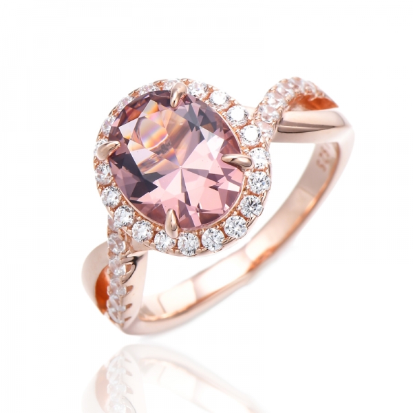 Bague en argent morganite nano de forme ovale et zircon cubique blanc rond avec placage en or rose 