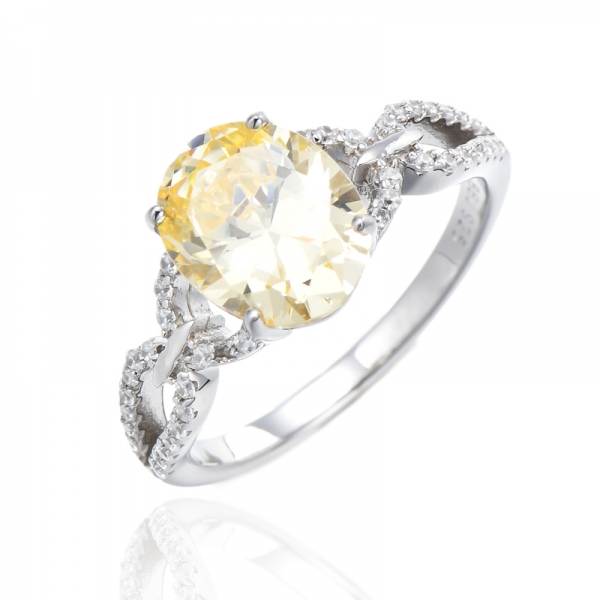 Bague Octogone Diamant Jaune Et Rond Blanc Zircon Cubique Rhodié Argent 