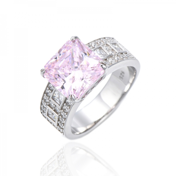 Bague Octogone Diamant Rose Et Blanc Zircon Cubique Rhodié Argent 