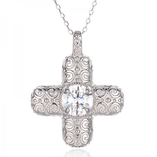 Pendentif croix en argent rhodié, Tanzanite ronde, Zircon cubique, argent 925 