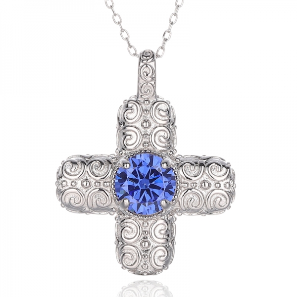 Pendentif croix en argent rhodié, Tanzanite ronde, Zircon cubique, argent 925 