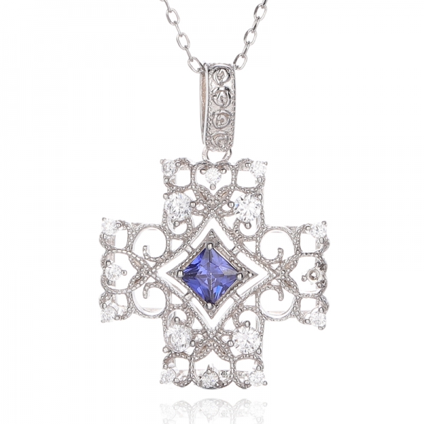 Pendentif en argent rhodié avec tanzanite carrée et zircon cubique blanc rond 925 