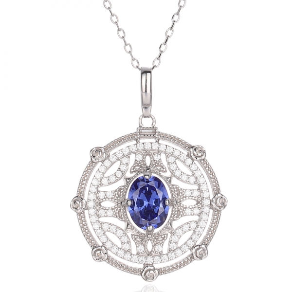 Pendentif en argent rhodié avec tanzanite de forme ovale et zircon cubique blanc rond 925 