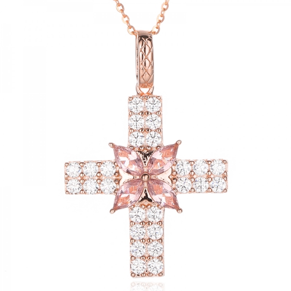 Pendentif en argent marquise morganite nano et zircon cubique blanc rond avec placage or rose 