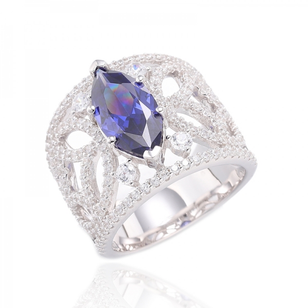 Bague Marquise Tanzanite Et Zircon Cubique Blanc Rond Argent Rhodié 