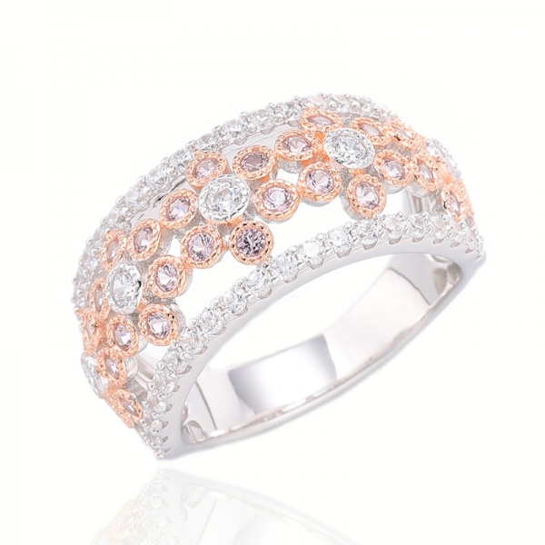 Bague en argent avec zircon cubique rose et blanc à diamant rond avec placage en rhodium et or rose 