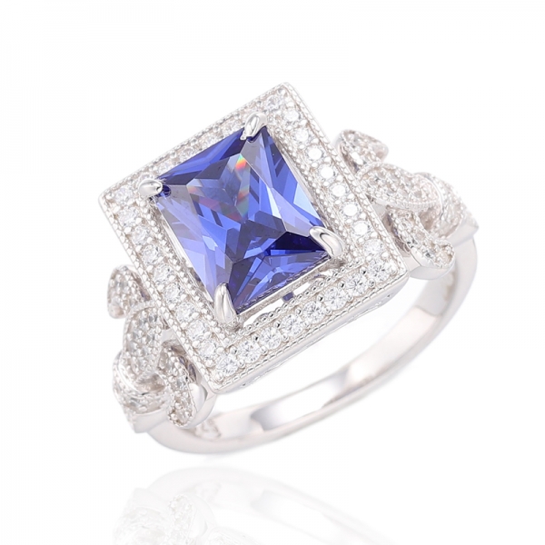 Bague en argent rhodié avec tanzanite et zircon cubique blanc en forme d'émeraude 925 