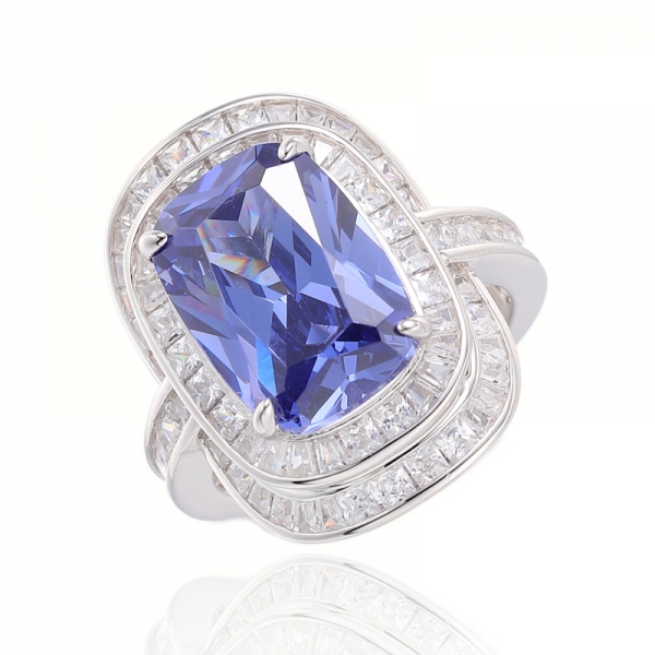 Bague Coussin Tanzanite Et Zircon Cubique Blanc Argent Rhodié 