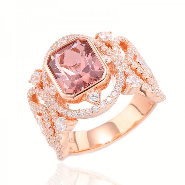 Bague en argent 925 octogone en morganite nano et zircon cubique blanc avec placage en or rose 