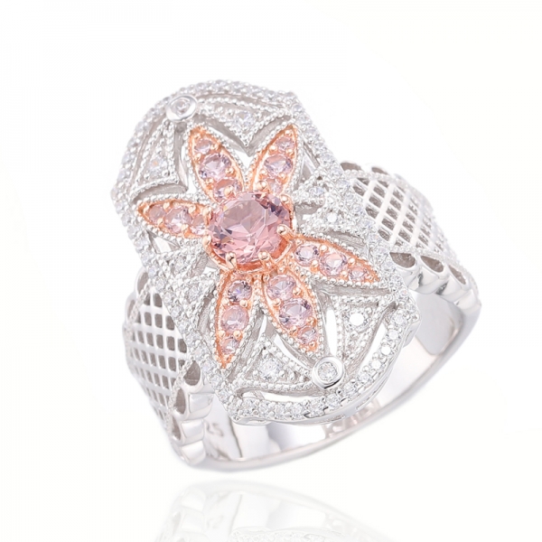 Bague ronde en argent avec nano-morgnaite et zircon cubique blanc avec placage en rhodium et or rose 